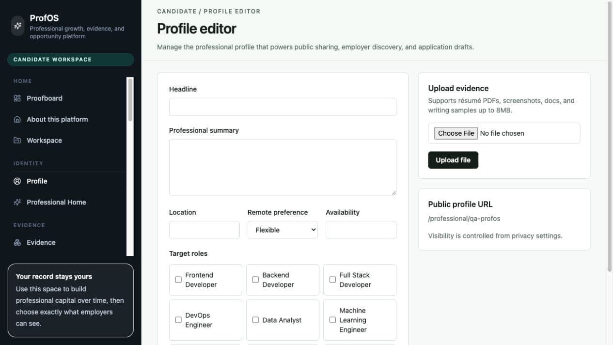 ProfOS interface preview showing a professional profile and evidence map.