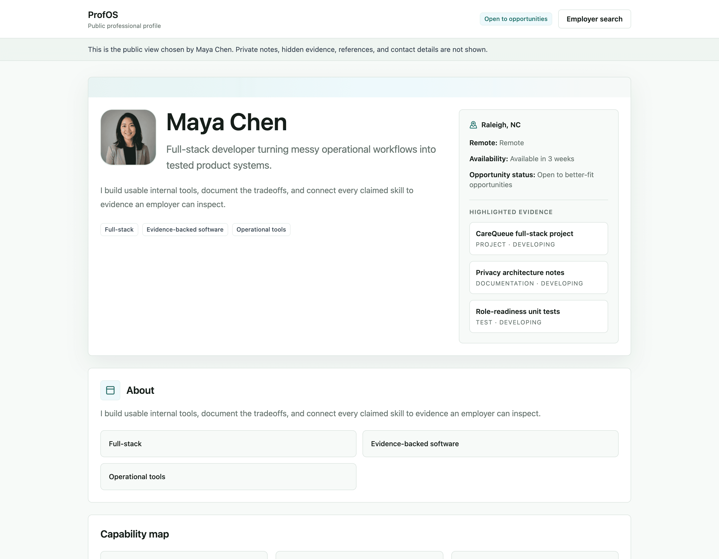 Real ProfOS demo candidate profile showing a professional home with evidence.